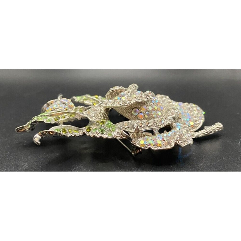 AB Clear Crystal Rose Brooch Huge 4" Silver Tone Thorns Green Leaves Rosebud - Picture 5 of 8